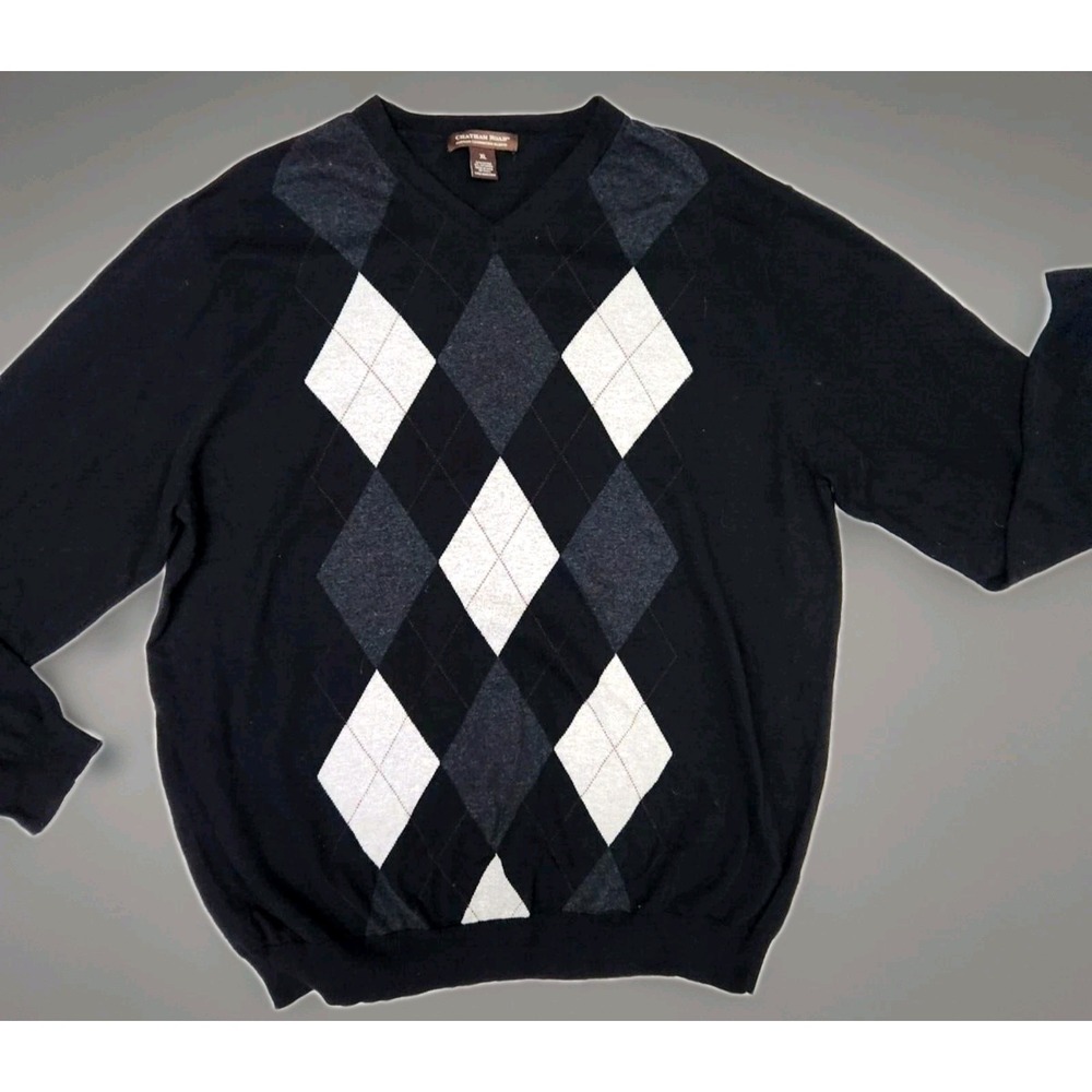 Chatham Road Sweater Men's XL Black Cashmere Blend V-Neck Argyle